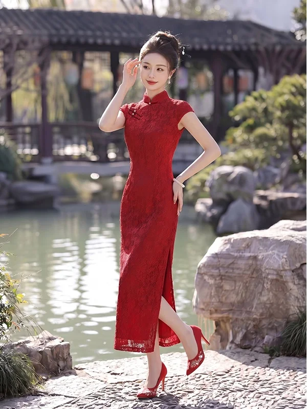 

Elegant Red Lace Wedding Dress Long Style Summer New Chinese Marriage Ceremony Clothes Breathable Short Sleeve