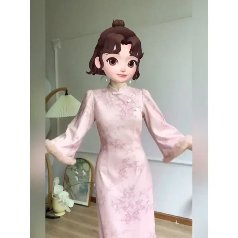 ฤดูใบไม้ร่วงฤดูหนาวสไตล์จีนสีชมพูไม้ไผ่สีขาวพิมพ์ Cheongsam ชุดผู้หญิงชุดพรรค Elegant Qipao Plus ขนาด 2xl 3xl 4xl