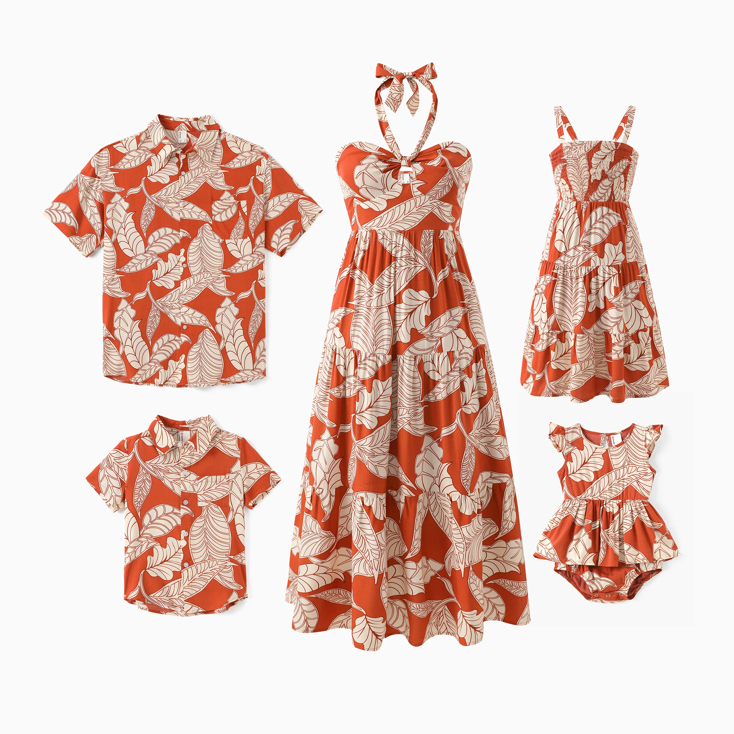 

PatPat Family Matching Outfits Coral Leaf Print Halter Dress or Short-sleeve Shirt Set Summer Vacation Collection