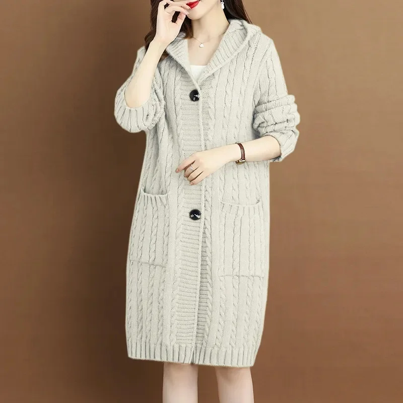 Autumn Winter Mom\'s New Woolen Coat Women\'s Long sleeved Cardigan Hooded Thickened Over Hip Loose Medium Length Sweater Yellow