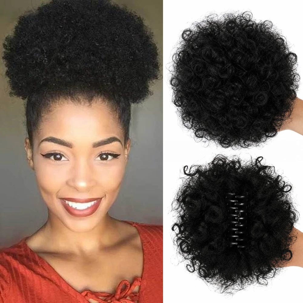 Extensão de Rabo de Cavalo Sintético Afro Puff com Presilha para Mulheres Negras, Extensão de Coque Afro Curto Sintético Crespo Cacheado