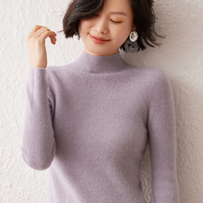 New women's sweater 100% pure cashmere high neck knitted pullover Korean version slim fit hot selling fashionable sweater - Detail 1