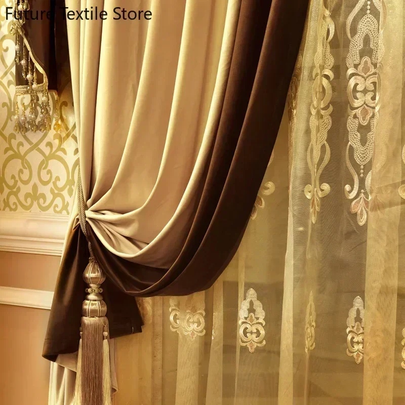 Európai high-end Vörösessárga Kávé színben Tákolmány Bársony Szegélykő curtains számára Eleven szoba Hálószoba shading Rabitzfal curtains Szokás