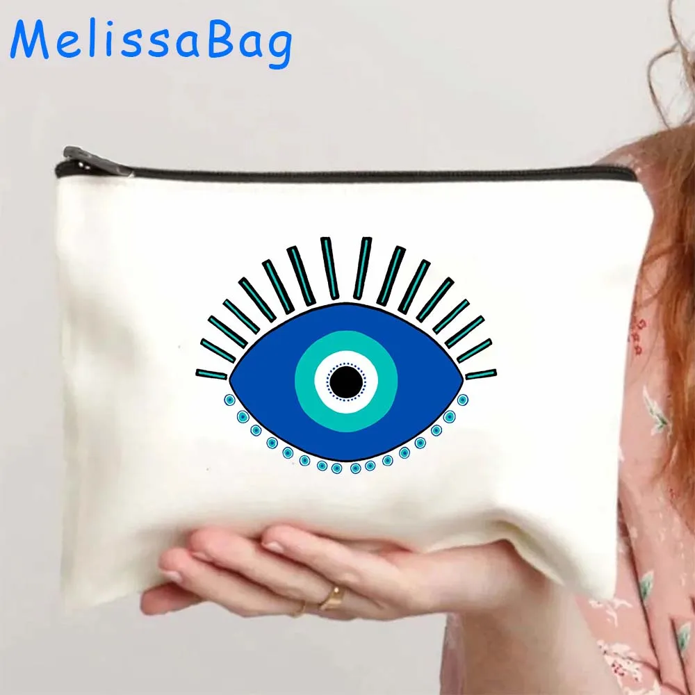 Blue Evil Eye Heart Protection Mandala Bohemian Hamsa Amulet Gift Canvas Bag Cosmetic Makeup Toilet Bag Pencil Case Zipper Pouch