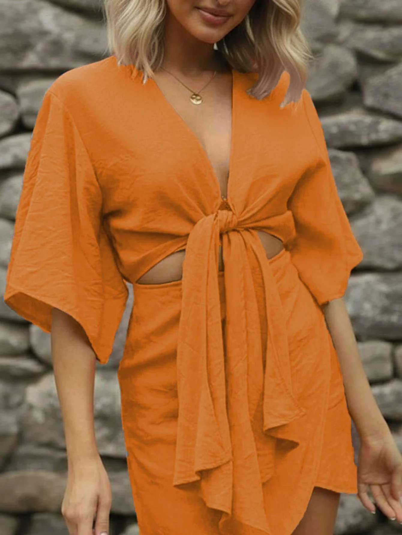 Vestido naranja liso con cuello en V y aberturas en la cintura, dobladillo asimétrico, manga corta, ropa informal de verano para viajar