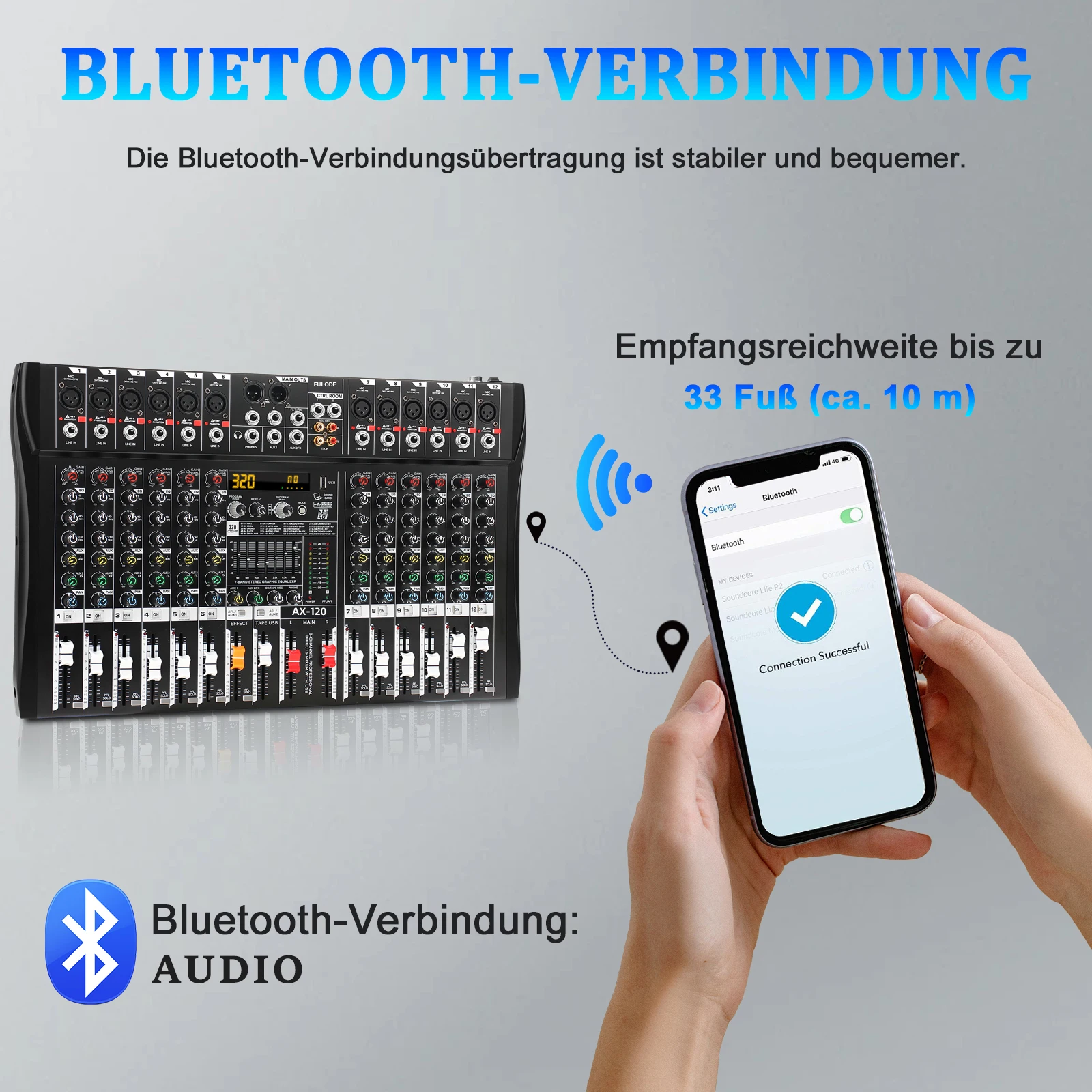 FULUODE AX-120 오디오 믹서 12채널 전문 믹서 컨트롤 패널 (320개 DSP 효과, 7밴드 EQ, 사운드 믹싱 보드, USB 포함)