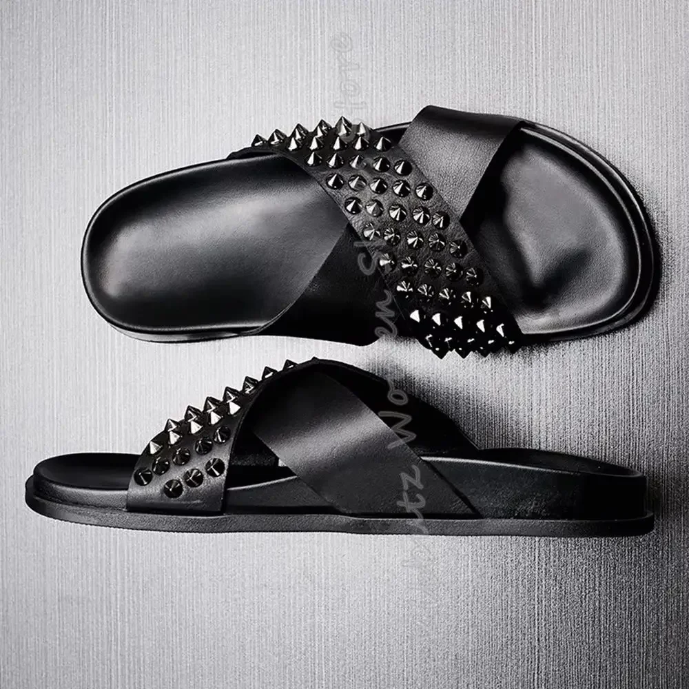 

Bordered Crystal Slipper Sandals Round Toe Flat With Genuine Leather Slip-On Fashion Concise Elegant Luxury Women Shoes Newest
