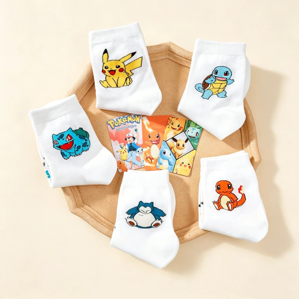 5 Paar neuartige Cartoon-Pokémon-Baumwoll-Graffiti-Damen-Mittellange Socken im College-Stil, personalisierte weiße Freizeitsocken für Studenten – Detail 3