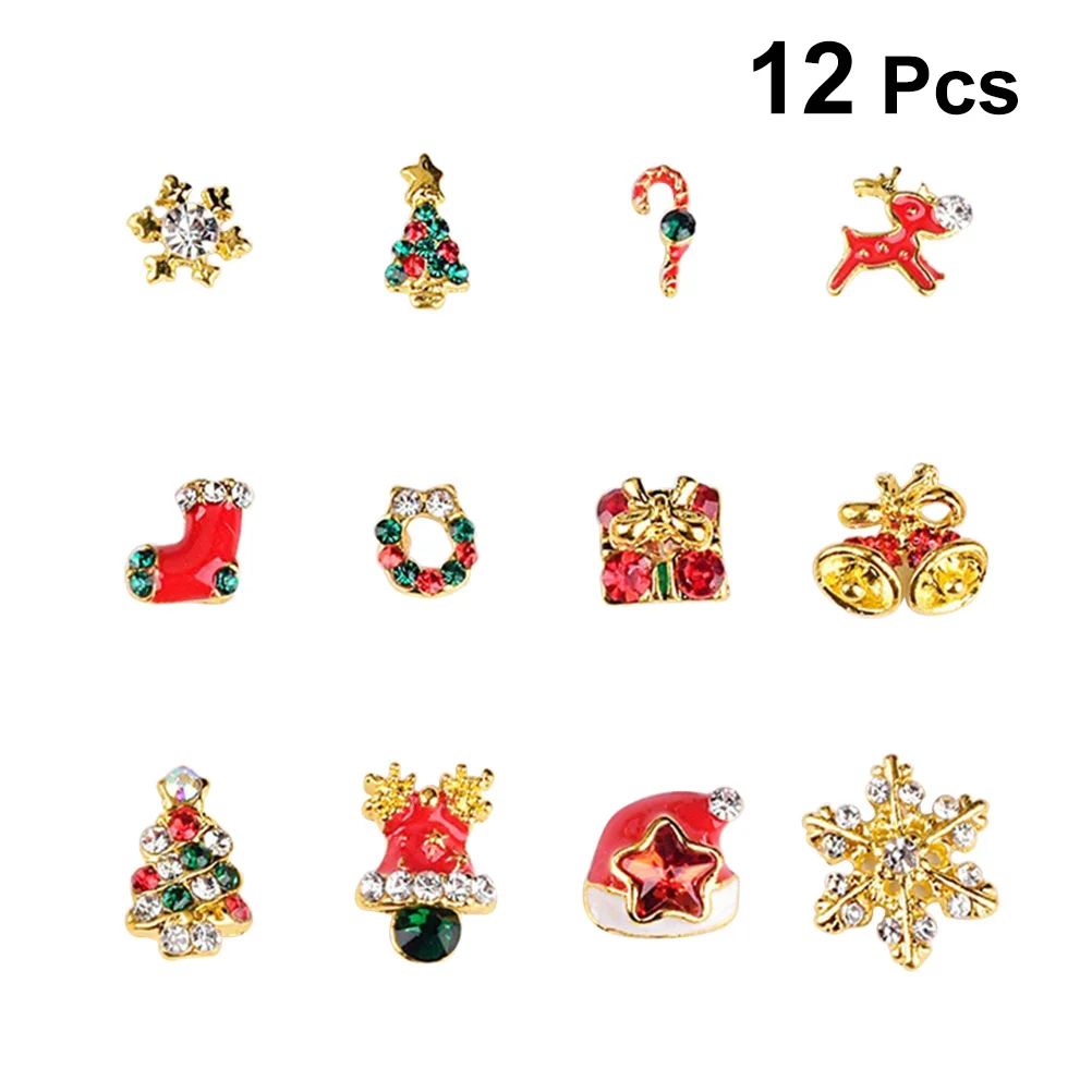 12pcs Christmas 3D Alloy Nail Stickers Rhinestone Inlaid Bling Bling Stickers Decoration (Mixed Style)