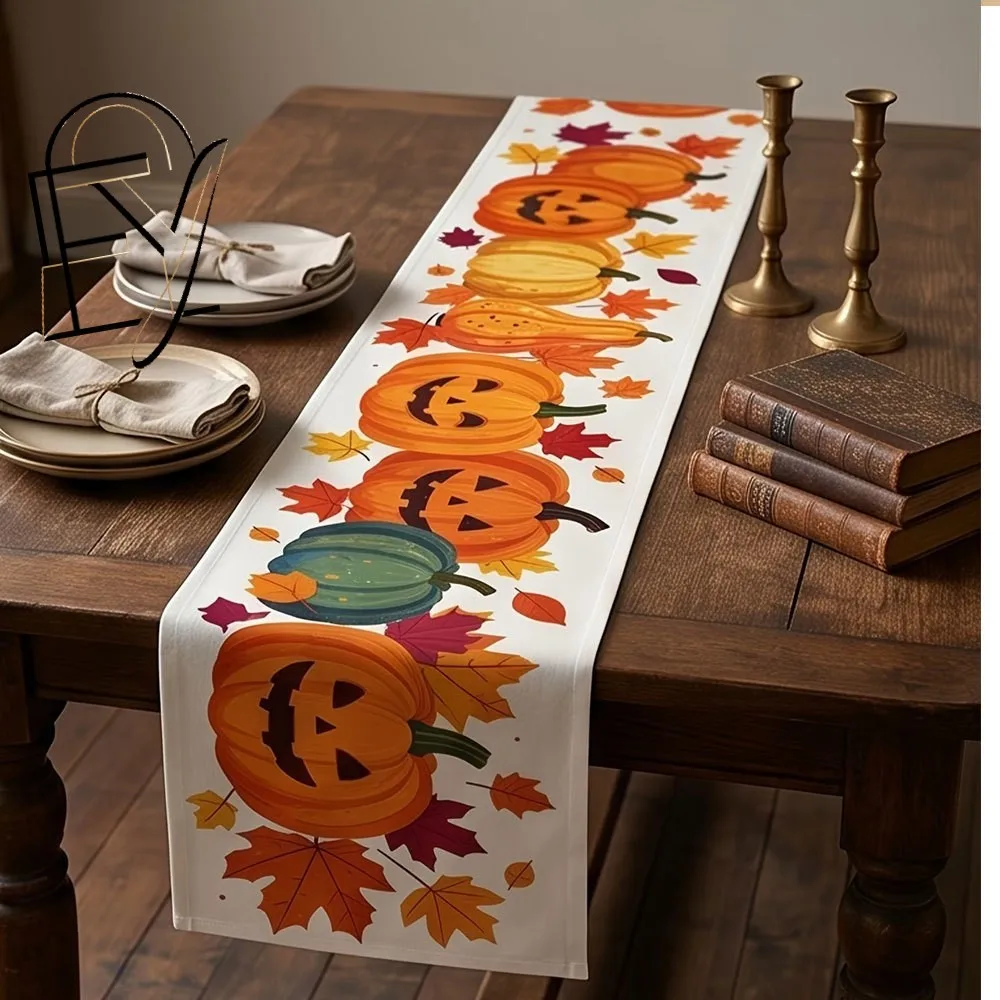 Linen Table Runner Autumn Gnome Tomte Couple on Buffalo Check Plaid with Falling Leaves  Thanksgiving Dinner Table Decor
