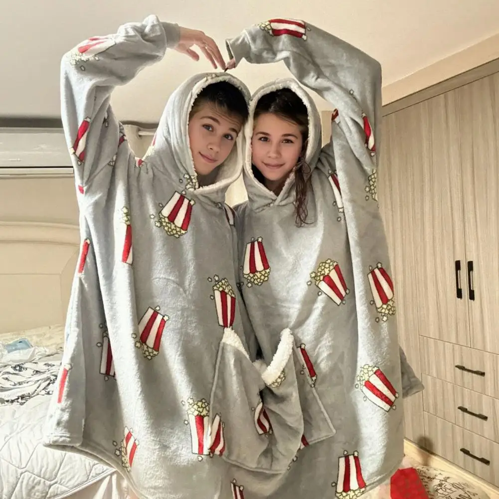 Double Pajamas Cozy Couples Pajamas Set with Hooded Popcorn Print Double Pocket Thick Plush Material Long Sleeve for Two