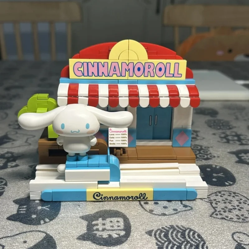 Keeppley sanrio blocos de construção original kuromi melodia gemini dos desenhos animados vista rua decoração modelo brinquedos das crianças presente da menina