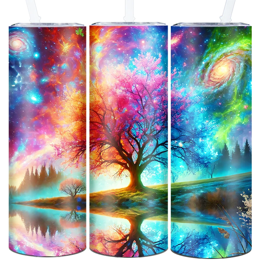 

20oz Stainless Steel Party Water Bottle Straw Lid Print 3D Tree & Galaxies Straight Skinny Tumblers Stainless Insulated Cups