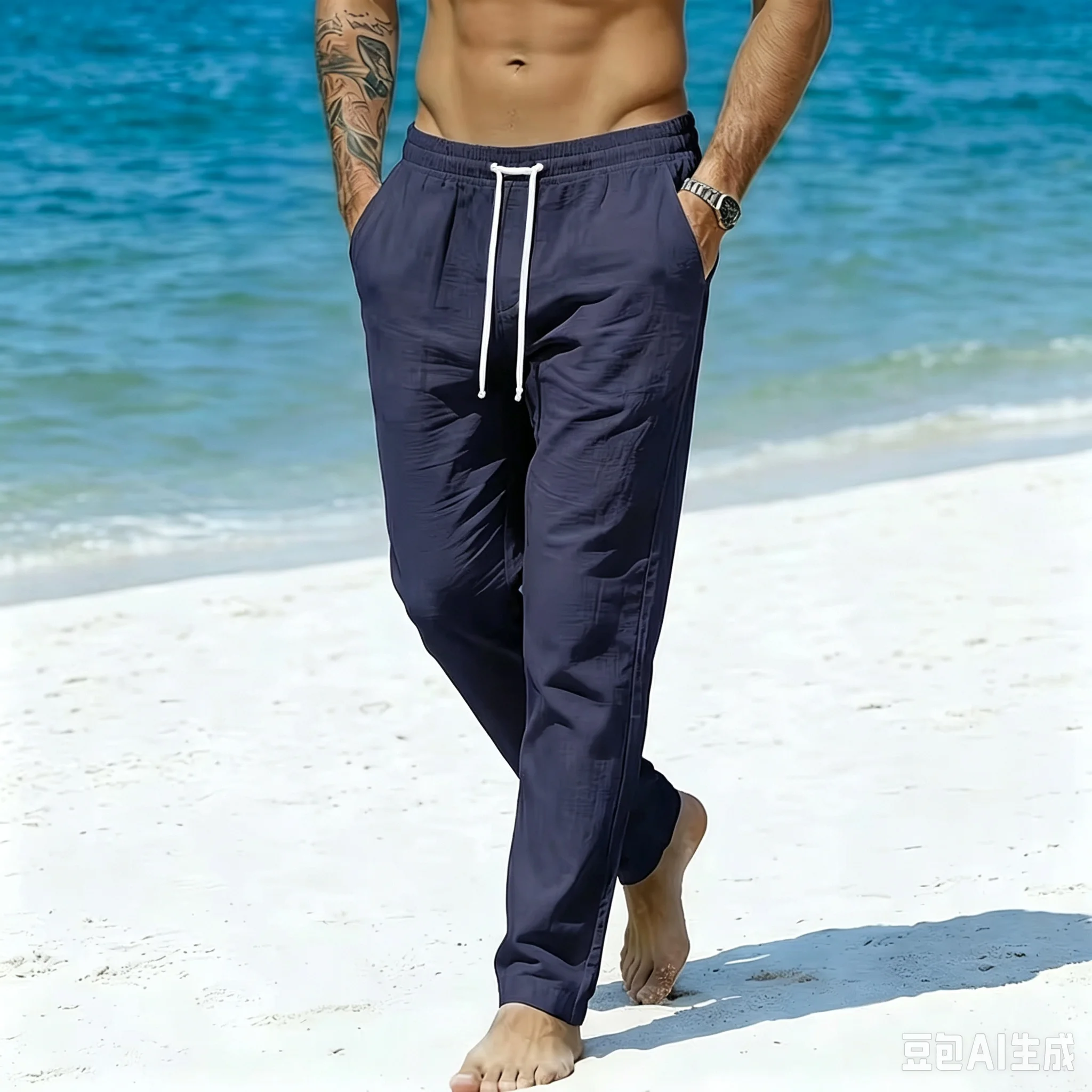Heißer Verkauf: Herren-Leinenhose, einfarbig, atmungsaktiv, leicht, im Strandstil, für den Urlaub, gemütliche lange Hose mit elastischem Bund. – Detail 7