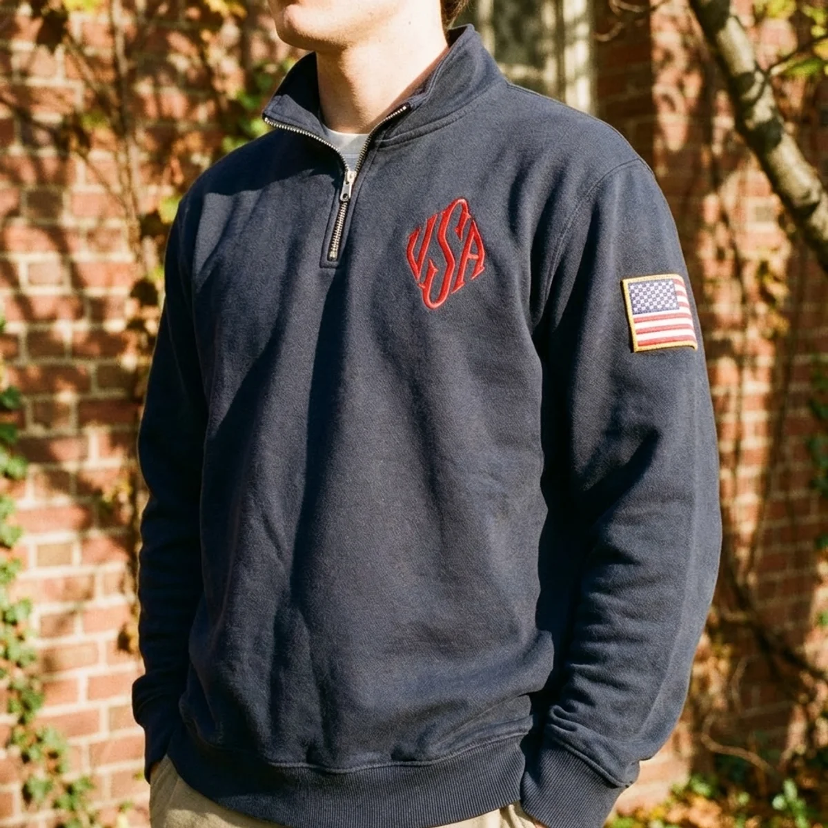 Y2k Bestseller Amerikanische Flagge Bestickte Hoodies Viertelreißverschluss-Sweatshirts Herren Casual Pullover Patch-Ärmel Streetwear