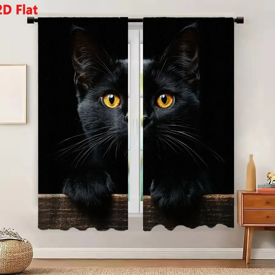 2Pcs Curtains 2D Flat A Sleek Black Cat With Golden Eyes Gazing Intently Over Wooden Edge Window Drapes for Bedroom Room Decor D