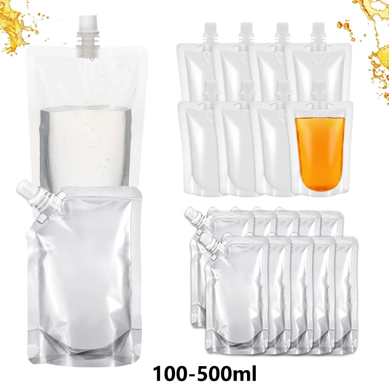 10pcs Transparent Plastic/Aluminum Foil Liquid Package Nozzle Bags Juice Beverage Milk Sealed Stand Up Storage Reusable Pouch