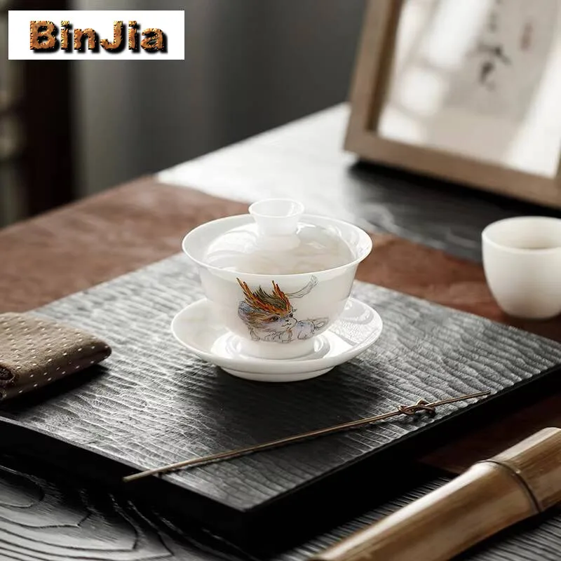 150Ml Vintage Iced Jade Porcelain Gaiwan Hand-Painted Shanhaijing Tea Bowl Tureen Household Making Cover Cha Craft Accessories