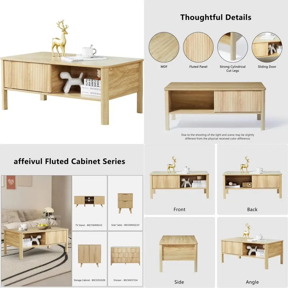 

Mid-Century Modern Boho Style Coffee Table with Storage and Sliding Drawers, Light Wood Finish, Ideal for Living Room/Bedroom Us