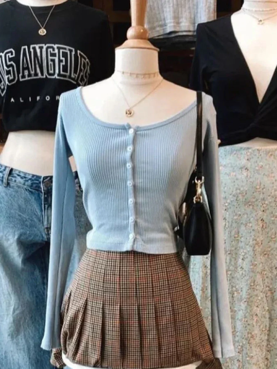 Blue Ribbed Slim Long Sleeve T-Shirts Woman Autumn Round Neck Single Breasted Crop Top Sweet Preppy Style Cotton Tshirt Y2k Tops