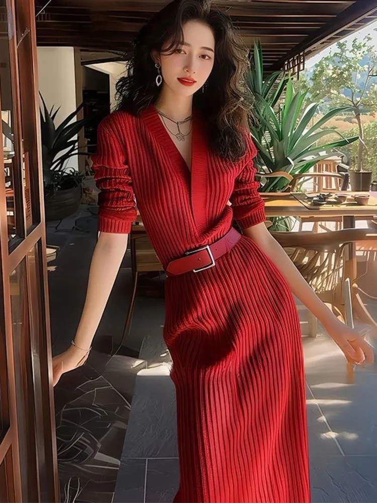 

Осень-зима 2024, новое элегантное женское длинное платье миди, свитер, женская одежда, халат largos, верхняя одежда, пуловеры Y2K