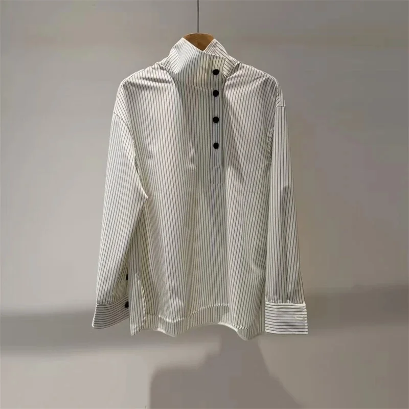 

2026 Spring New Women Fashion High-Neck Pink Striped Shirt Casual Button Long Sleeves Loose Versatile Blouse Tops Female