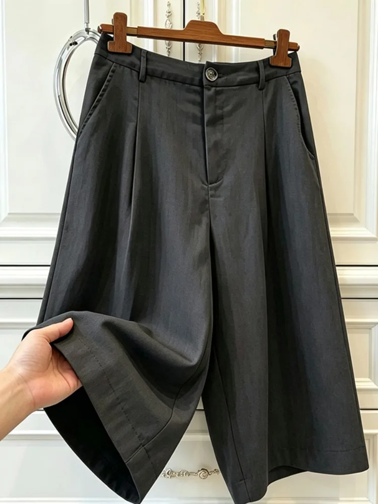 

Retro Korean Style Grey Wide Leg Pants Women's Summer High Waist Loose Linen Suit Straight Casual Trousers Seven-Foot Length