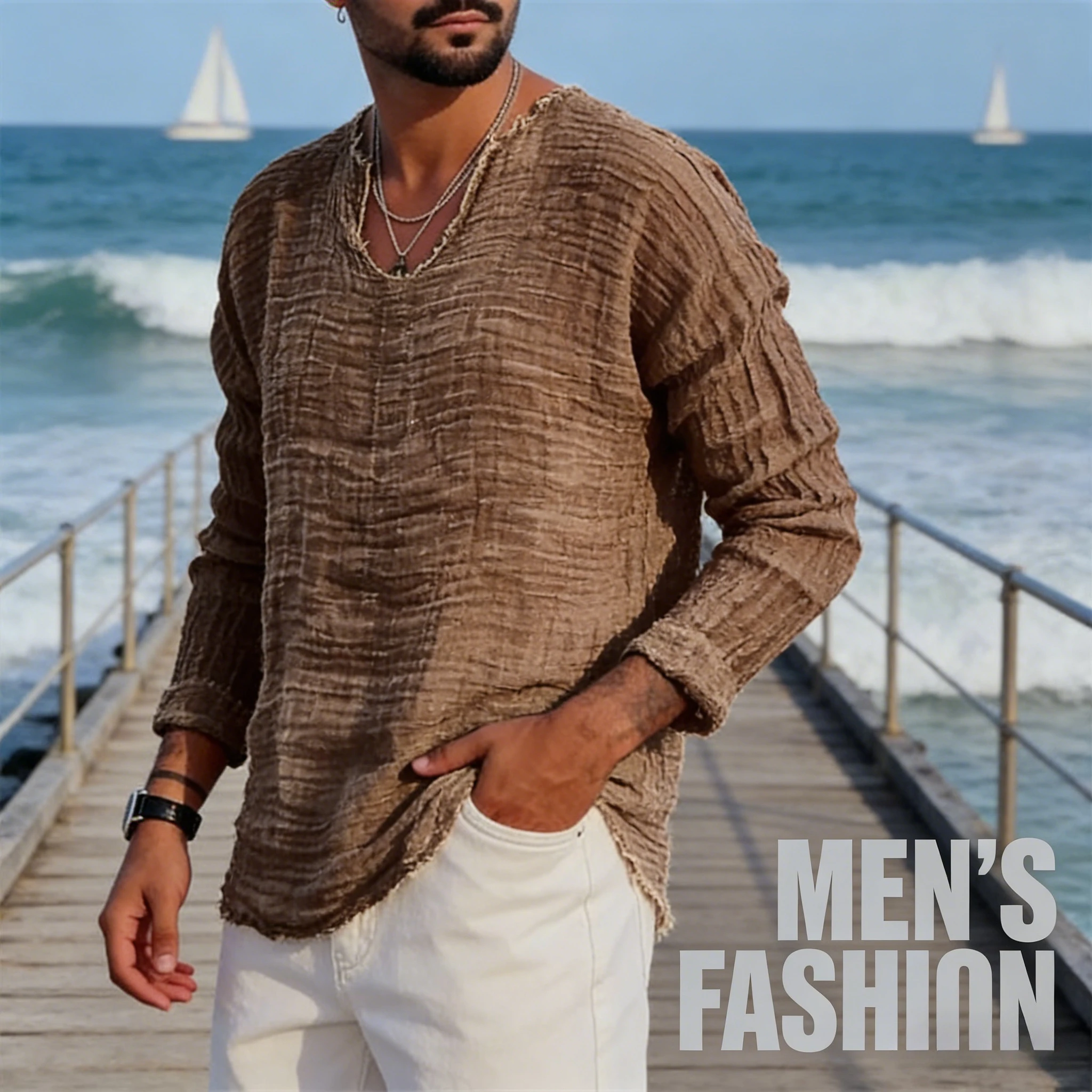 

Мужская молодежная льняная повседневная рубашка свободного кроя с V-образным вырезом, эффектом потертости и рваными краями, с длинным рукавом, на пуговицах