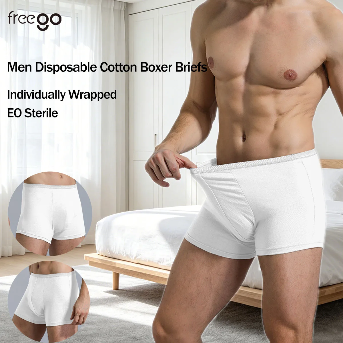 Freego 5Pcs Men Disposable Cotton Boxer Briefs, Individually Wrapped EO Sterile Breathable Underwear for Travel Business Daily
