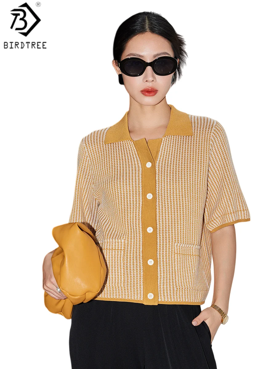 

Birdtree, 70% Silk 30% Cotton T shirt, Lapel Knitted Jacquard Tops, Women's Short Sleeve Casual Shirt, 2026 Spring New T62217JF