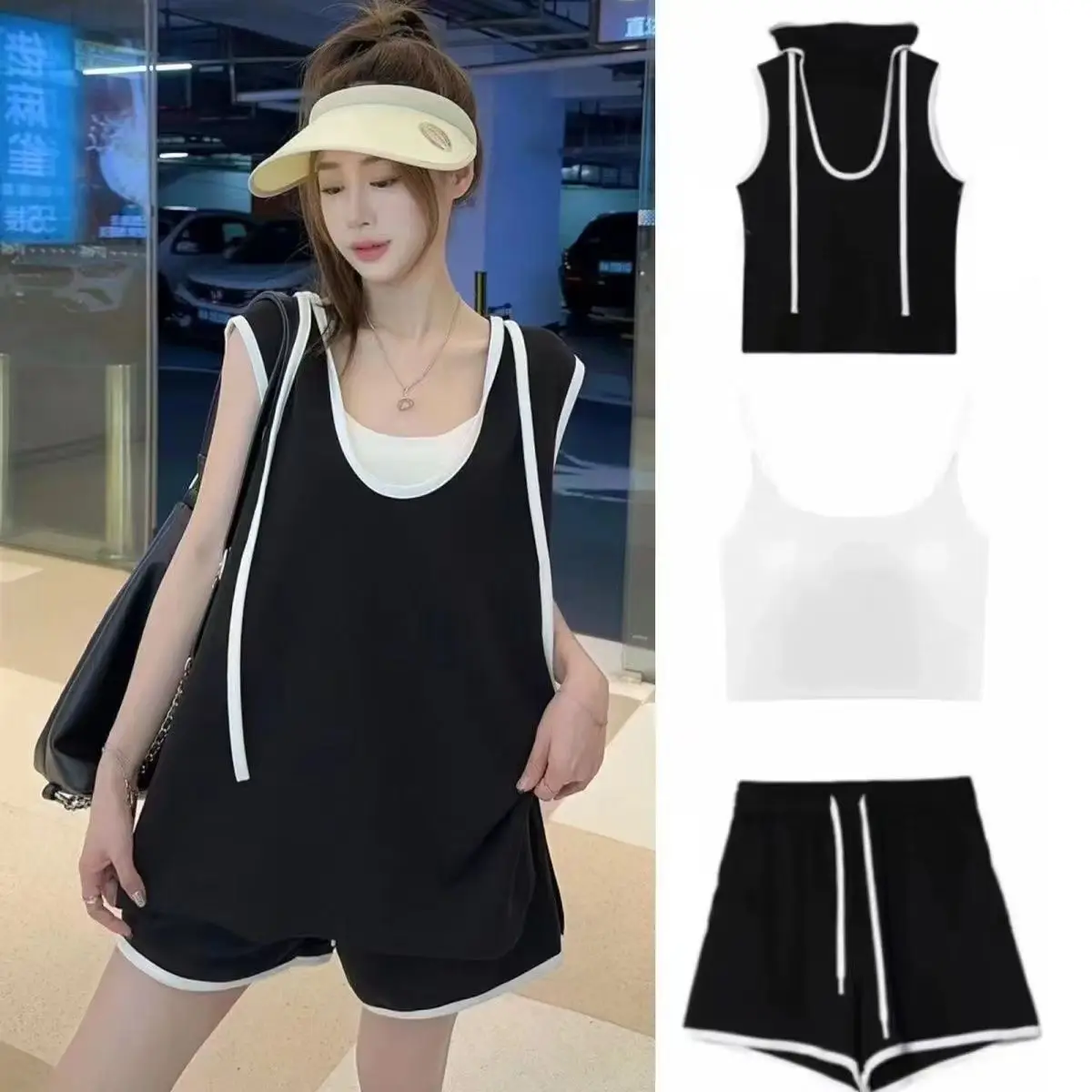 

Women's Summer Sportswear Set Loose Casual Fashionable Three-Piece Suit Short Pants Vest Top Quality Material round Neck Shor...