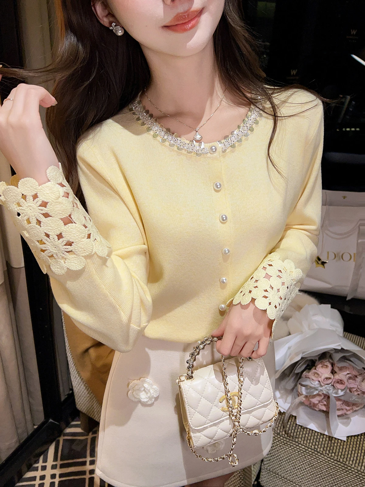 

Вязаный свитер Miu Zhang Xinyou с ажурным узором, женская базовая кофта, красивый французский стиль, длинный рукав, кружевной трикотаж