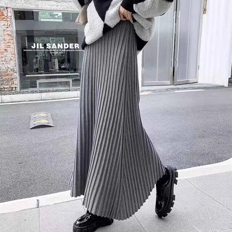 women gray Striped Knitted Skirts Elastic Waist All-Match Temperament Maxi Skirt Woman autumn winter Solid Simple A-Line Skirts