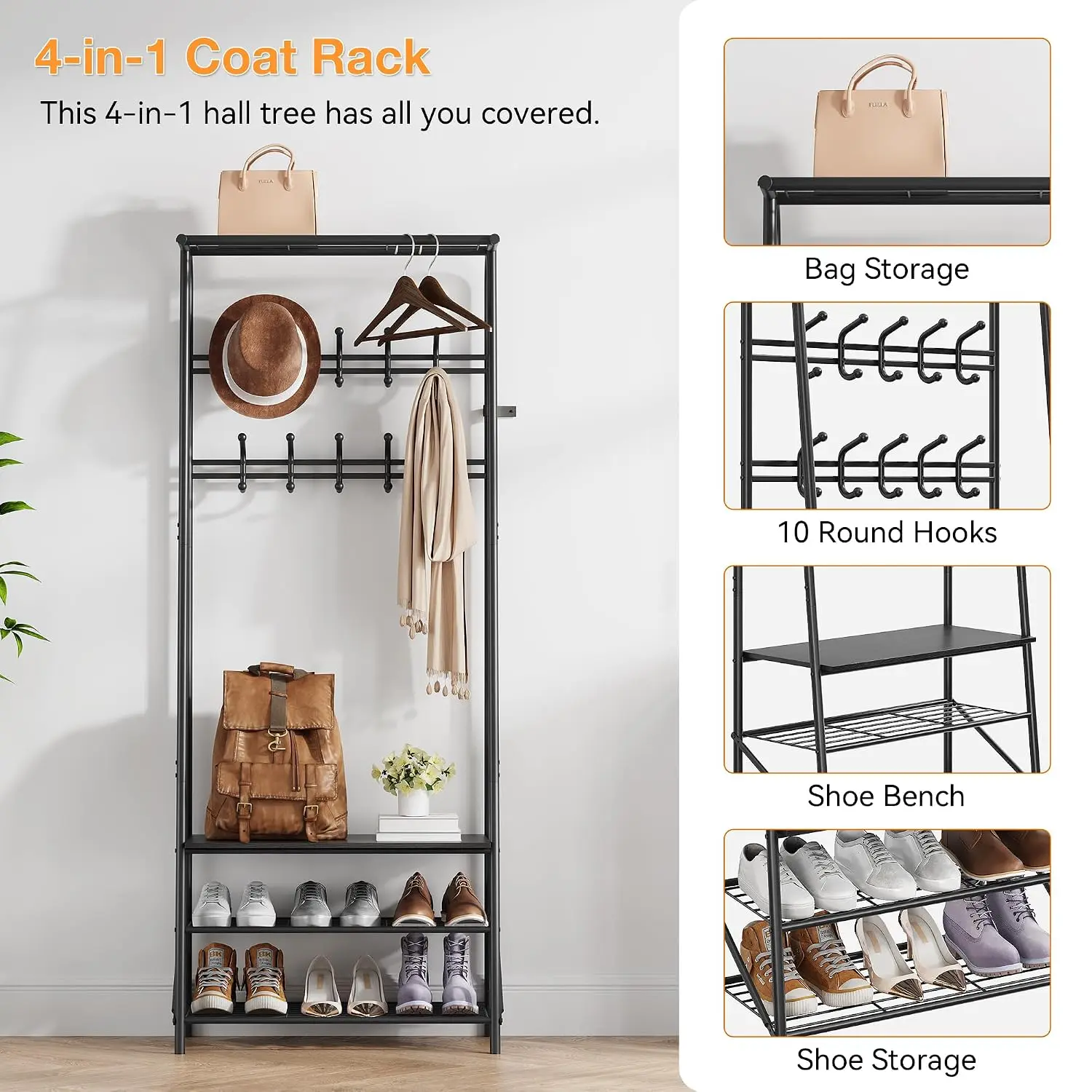 Hall Tree Coat Rack Shoe Storage Bench, 10 Hooks & 3-Tier Shoe Rack, Freestanding Metal Frame for Entryway, Customized view 4