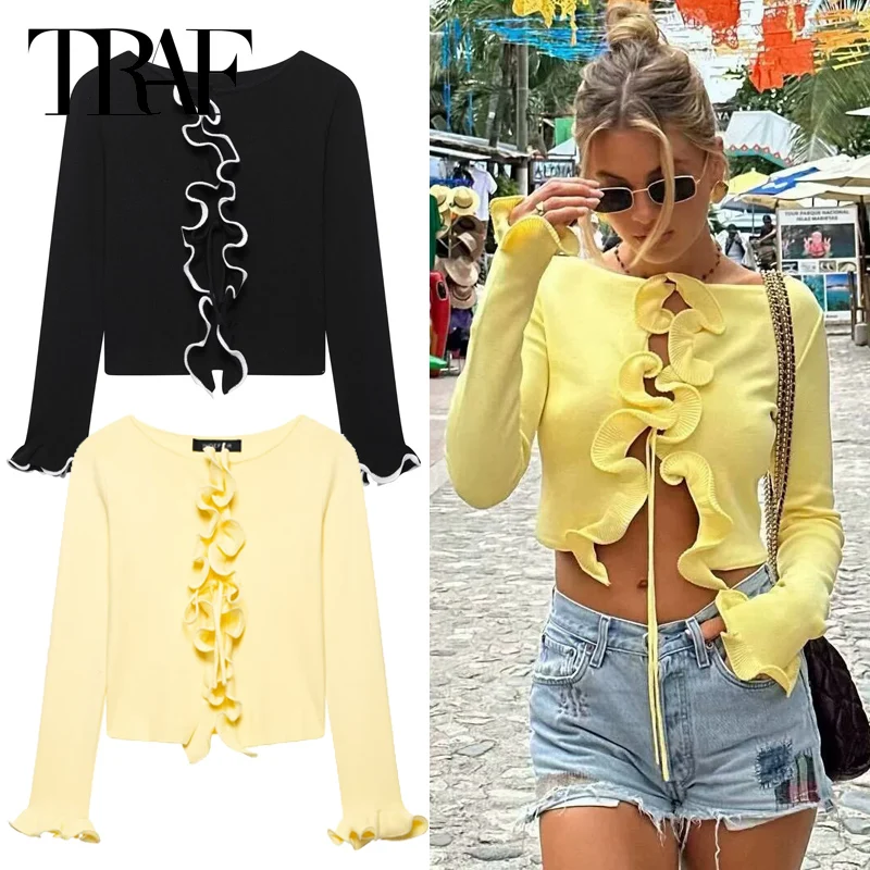 

Traf Crop Knit Woman Sweater Spring 2025 Ruffled Yellow Black Coat Lace-Up Long Sleeve Cardigan Elegant Fashion Ruched Sweaters