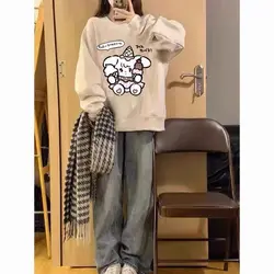2023 Spring and Autumn Age Reducing College Style Round Neck Printed Long Sleeve Shoulder Loose Relaxed Oversize Women's Sweater