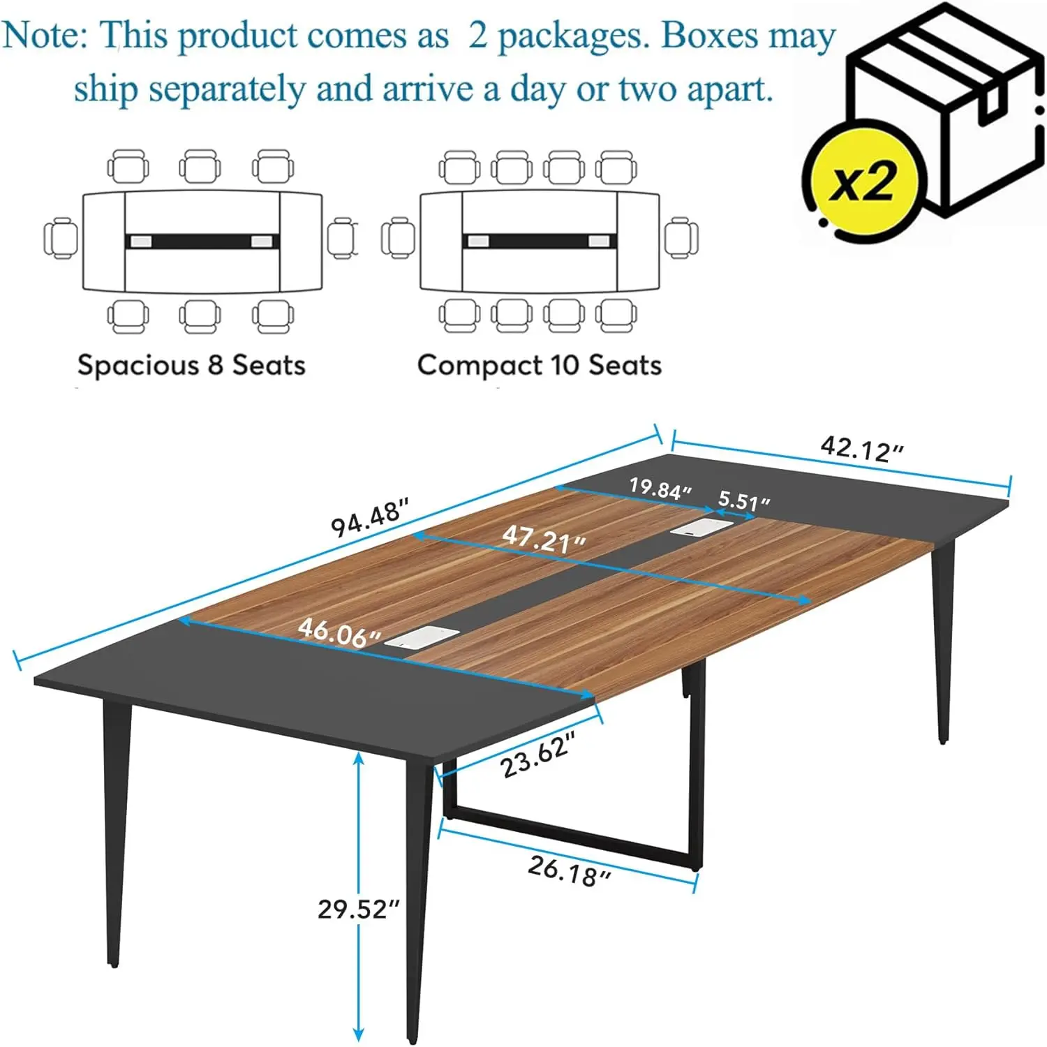 8FT Conference Table, 94.48L x 47.24W x 29.52H Inches Boat Shaped Meeting Table with Rectangle Grommet, Modern Seminar Boardroom