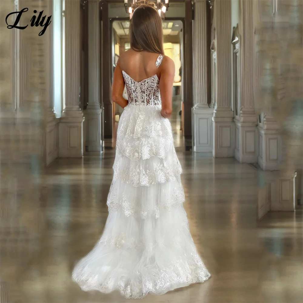 Lily White Prom Dress Spaghetti - ชุดราตรีลูกไม้สายรัดพร้อมกระโปรงชั้นสูงแยกอย่างพิถีพิถันชุดราตรีที่กําหนดเอง