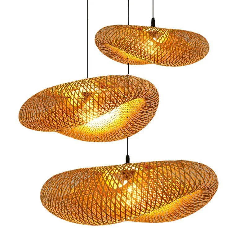 HandMade Vintage Bamboo Weaving LED Pendant Light Home Hanging Chandelier Lighting Living Room Kitchen Rattan Woven Lamp