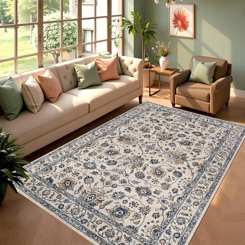 Vintage Green Persian Floral Pattern Carpet Soft Non-slip Floor Mat Traditional Boho Rug Home Decoration for Living Room Bedroom