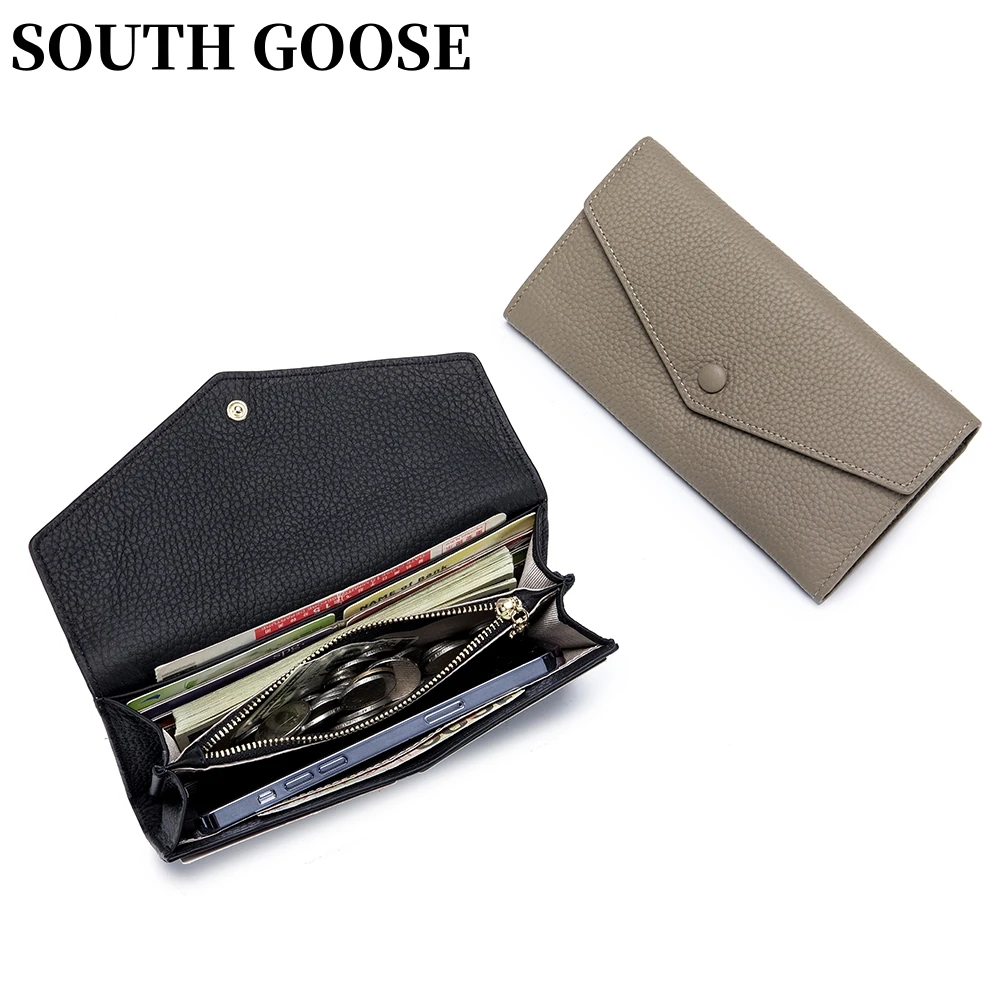 Fashion Genuine Leather Women Long Wallets Classic Envelope Purses Ladies Practical Day Clutches Card Phone Holders Coin Pocket