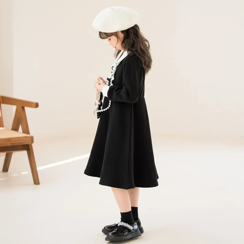 Korean Spring Autumn School Girl One-piece Dress Children Girl Bow Polo Collar Long Sleeve Dress Teenager Girl Princess Dress