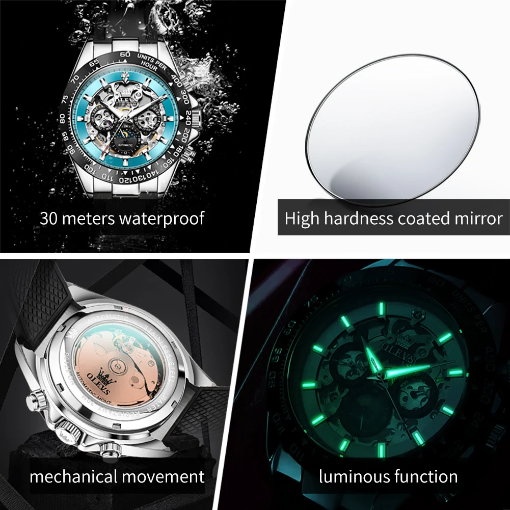 OLEVS Man Watch 6713 Brand-Exclusive Hollowed Automatic Men's Watch Fashion Silicone Strap Moon Phase Date Mechanical Wristwatch