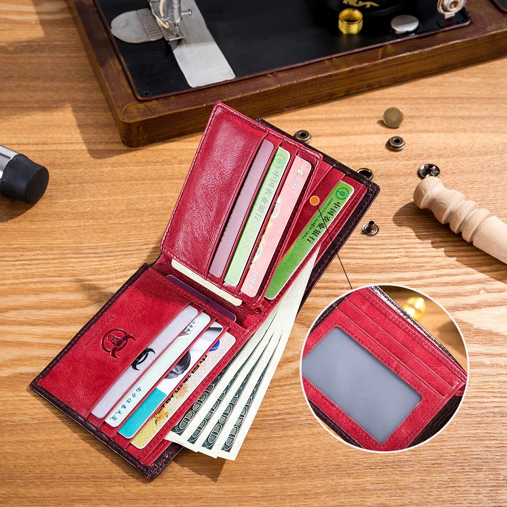 2026 New Wallet for Men Genuine Leather Retro RFID Blocking Slim Bifold Front Pocket Wallets Mens with 2 ID Window