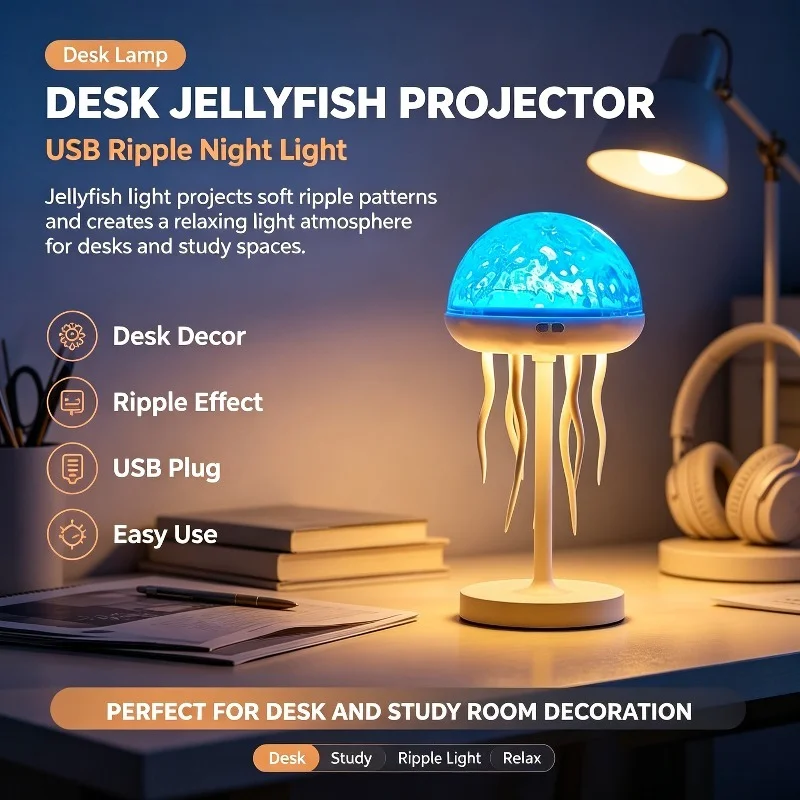 USB Jellyfish Night Light, Remote Controlled Wave Projector with Soft Ripple Glow for Kids' Bedrooms, Nurseries and Tabletop Use