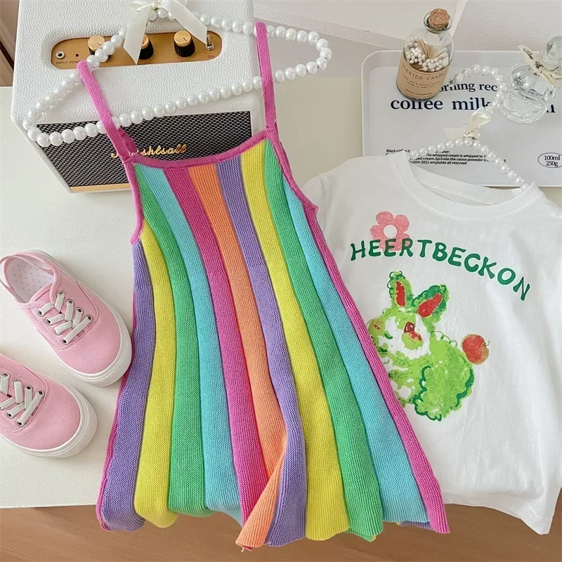 New Korea Summer Kids Clothes for Baby Girls Cute Rabbit T-shirt + Rainbow Knitted Dress 2-piece Set Kawaii Skirt Sets Boutique