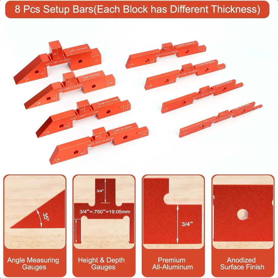 Barras de configuración de enrutador de 8 piezas, bloques de posicionamiento de aluminio de precisión para Sierra de mesa enrutador, herramienta de medición de ajuste de ángulo de profundidad de altura W