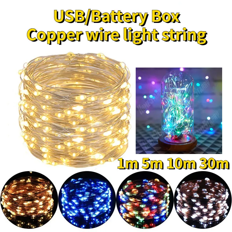 Fio de cobre impermeável LED String Light USB Fairy Light, Lâmpada de cortina, guirlanda de casamento, ano novo, Natal, festa, 5m, 10m