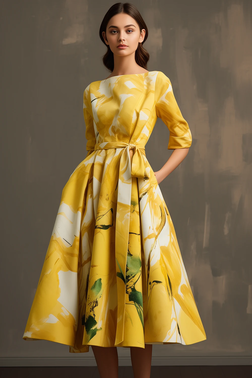 

2025 Women's Everyday Yellow Half Sleeve Boat Neck Tea-Length Dress