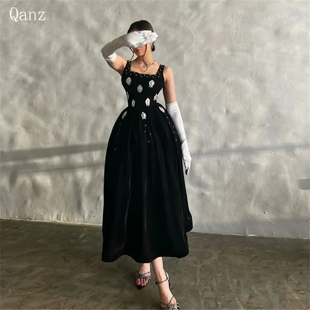 Qanz Vintage Velour Prom Dresses Black Tea Length Crystal Spaghetti Straps Evening Dress A Line Formal Occasion Customized